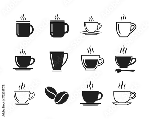 Coffee cups and coffee beans collection different shapes of cups with hot drinks vector illustration