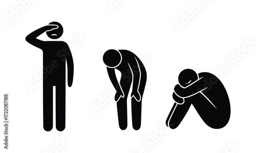 Stick figure man feeling sick headache pain and depression sad and unhappy person pictogram illustration