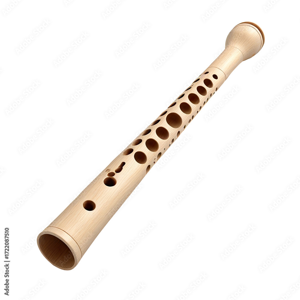 Naklejka premium Wooden flute isolated on black, musical instrument detail