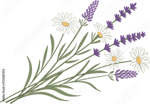 Scalable vector illustration of a rustic wildflower bouquet with lavender and daisies