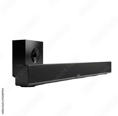 Home theater soundbar system, black, subwoofer, studio, advertisement