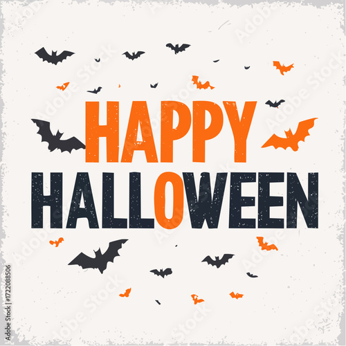 Halloween Greetings: Embrace the eerie allure of Halloween with a vintage style Happy Halloween greeting, featuring a spooky ensemble of bats.