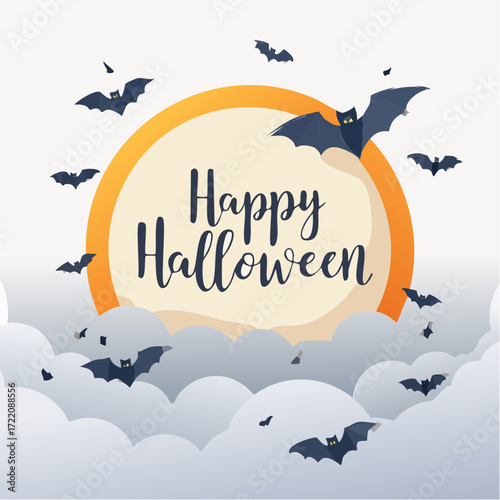 Halloween's Eerie Greeting: An ethereal design featuring a moon, ominous bats, and text wishes a Happy Halloween.