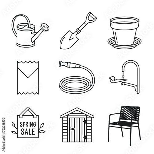 Black and white line art icons of gardening tools and items including watering can shovel pot hose shed chair and sale sign