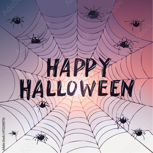 Halloween web with spiders: The image is showcasing a Halloween-themed design featuring a stylized spiderweb with several tiny spiders crawling on it.