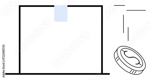 Rectangular box with slot and falling coin captures funding, decision-making, or charity. Ideal for finance, donation, crowdfunding, taxation, investment, philanthropy civic engagement themes