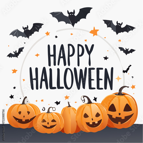 Halloween Greetings: A cheerful scene with grinning Jack-o'-lanterns and hovering bats, adorned with the warm, inviting text Happy Halloween, inviting a delightful festive season.