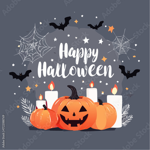 Spooky Night: A festive, beautifully illustrated graphic design with a whimsical Happy Halloween theme features a grinning jack-o'-lantern centerpiece with candles and spider webs.