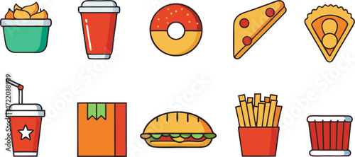 Collection of flat fast food icons representing popular items like burgers fries pizza and drinks for quick service restaurants
