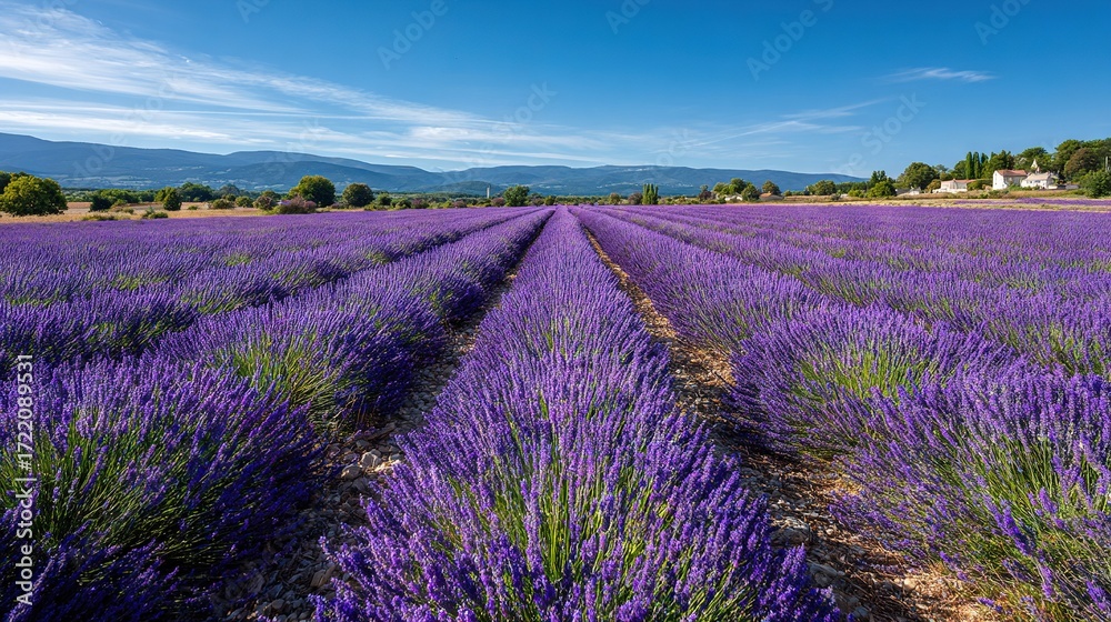 Obraz premium A vast field of lavender blooms with a house in the background and a blue sky with wisp cloud formations in the distance