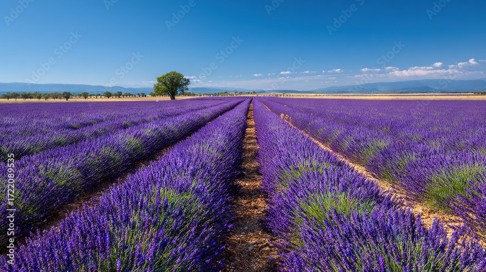 Naklejka premium Lavender field with a solitary tree amidst it and distant mountains in the background