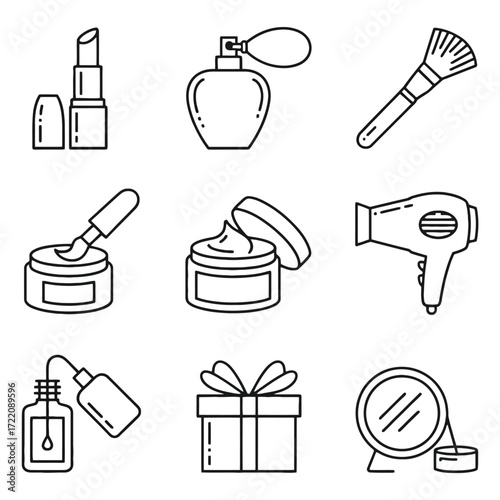 Set of nine black and white line art icons depicting makeup and beauty products lipstick perfume bottle