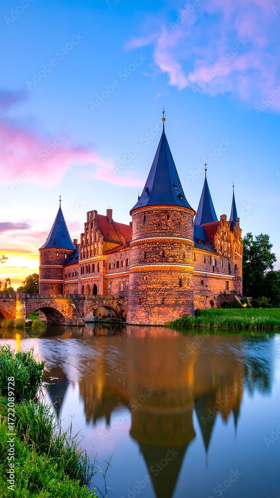 Naklejka premium Medieval castle reflected in a calm river at sunset