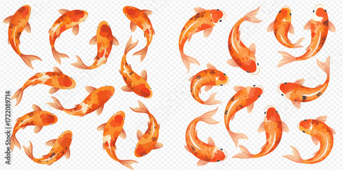 Collection of watercolor-style koi fish swimming in various orientations, featuring orange and white coloration on a transparent background.