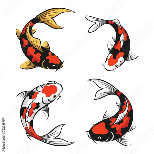 Four vibrant koi fish swimming in a circular pattern graceful aquatic life detailed artwork