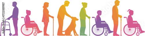 Inclusive silhouettes, disability awareness, mobility aids, wheelchair users, guide dog, cane support, accessibility, diversity, children, elderly, gradient colors, 