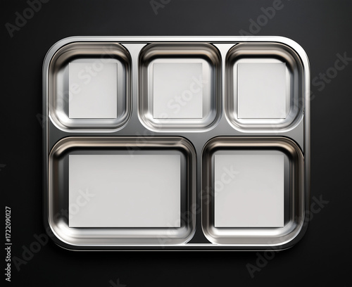 Stainless steel tray with five compartments designed for serving food in a cafeteria or meal setting Generative AI