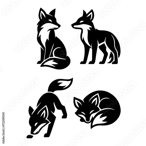 Stylized Fox Icon Set – Black and White Cartoon Wildlife Illustrations