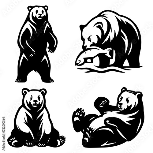 Stylized Bear Icon Set – Black and White Cartoon Wildlife Illustrations