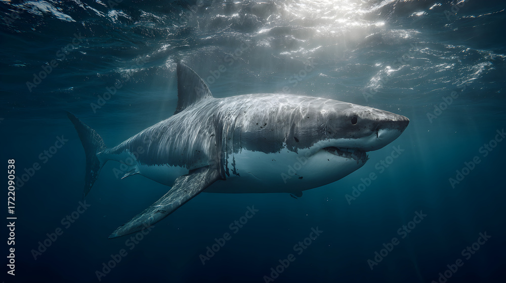 Fototapeta premium Exploring the Mysteries an Behaviors of the Great Whte Shark: Apex Predator ofOcean Ecosystems