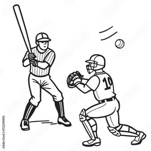 Baseball Game in Action Batter and Catcher Illustration Black and White