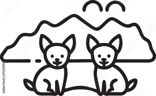 Chihuahua dogs minimalist illustration with mountains in the background line art