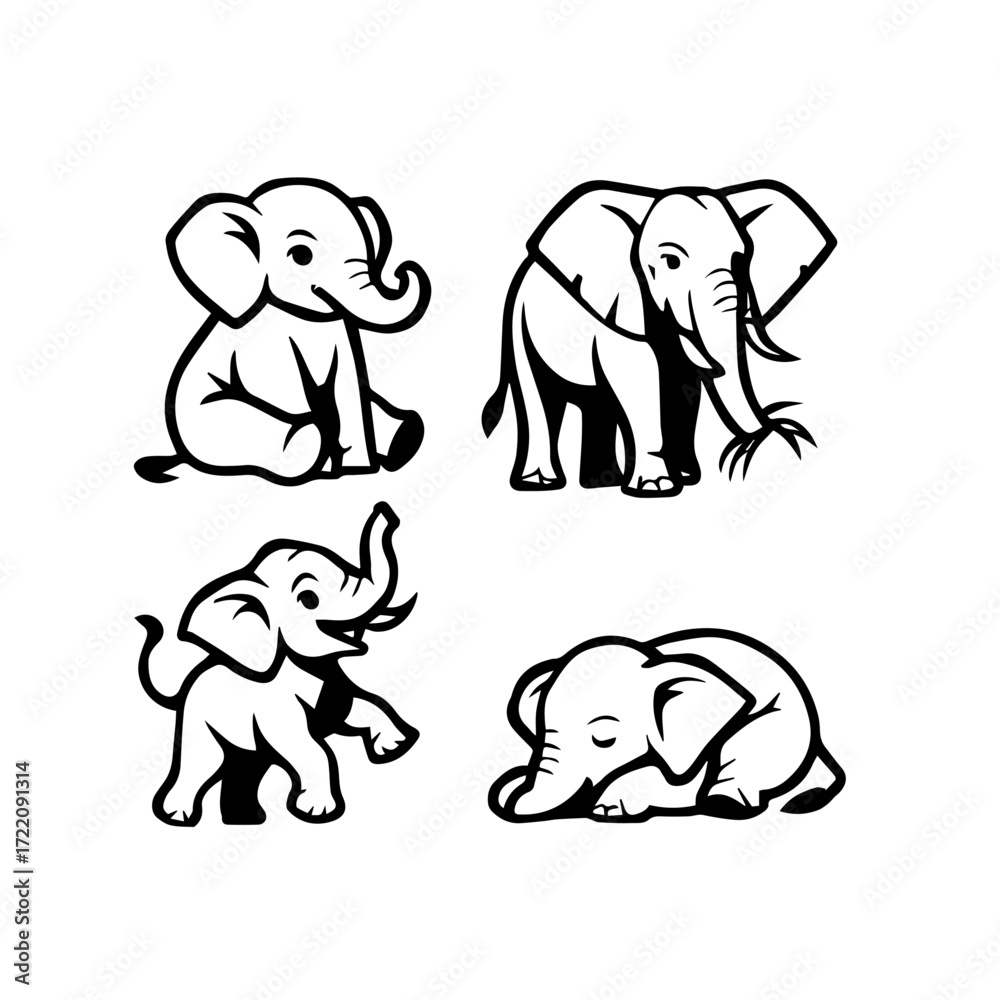 Fototapeta premium Stylized Elephant Icon Set – Black and White Cartoon Animal Behavior Illustrations