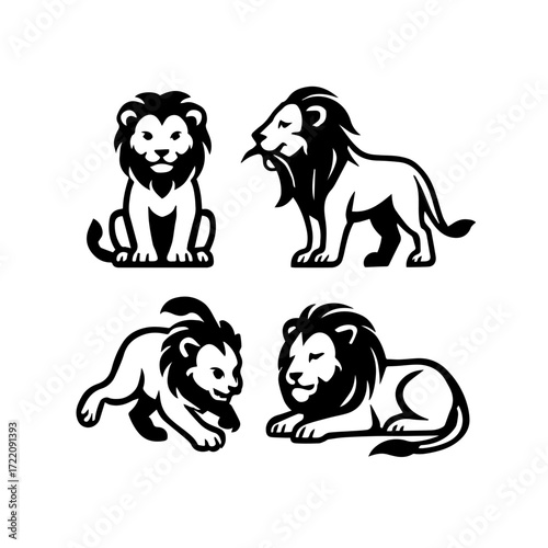 Stylized Lion Icon Set – Black and White Animal Behavior Line Illustrations