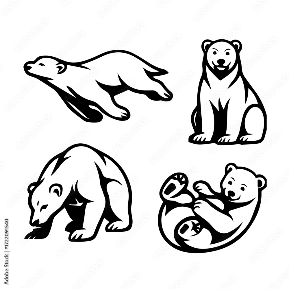 Naklejka premium Stylized Polar Bear Icon Set – Black and White Arctic Animal Behavior Illustrations