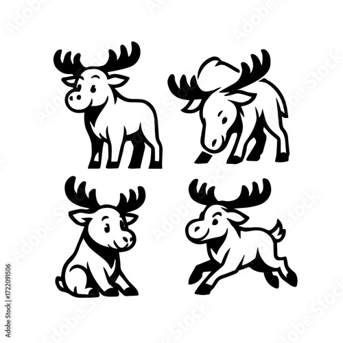 Stylized Moose Icon Set – Black and White Animal Behavior Line Illustrations