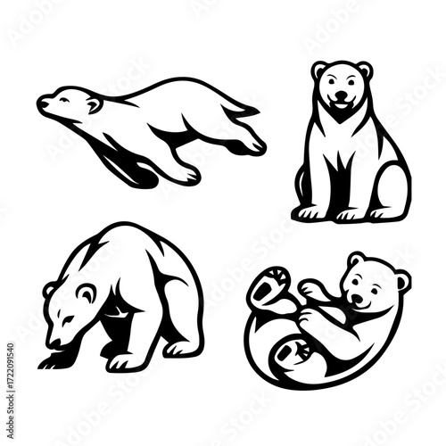 Stylized Polar Bear Icon Set – Black and White Arctic Animal Behavior Illustrations