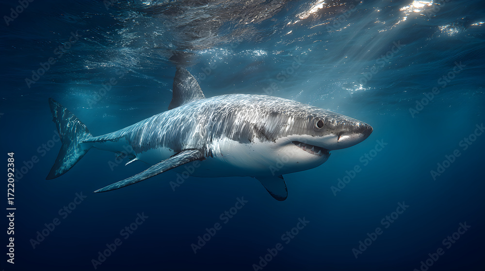Fototapeta premium Exploring the Mysteries an Behaviors of the Great Whte Shark: Apex Predator ofOcean Ecosystems