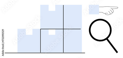 Stacked boxes with a pointing hand and magnifying glass suggesting inspection, logistics, or organization. Ideal for supply chain, storage, quality control, management, inventory, research simple