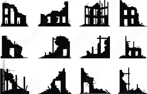 Ruined building silhouettes, destroyed architecture, urban decay, abandoned structures, broken walls, collapsed roofs, debris, post-apocalyptic, war damage, vector icons, vegetation