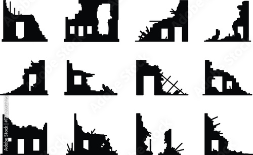 Ruined building silhouettes, destroyed architecture, urban decay, collapsed walls, broken roofs, debris, abandoned structures, post-apocalyptic, war damage, vector icons, disaster shapes