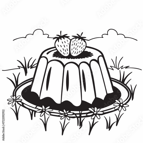 Monochrome jello with strawberry illustration dessert icon sticker art food