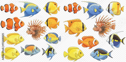 Collection of diverse, colorful tropical fish illustrations, including clownfish, angelfish, and lionfish.