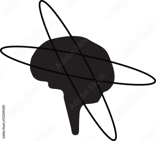Abstract silhouette of a brain with orbiting ellipses symbolizing thought and science