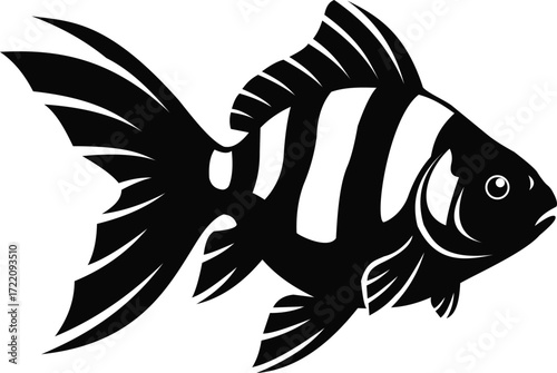 Black and white silhouette of an angelfish or butterflyfish, isolated vector icon on white background