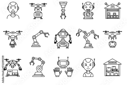 AI Robotics Outline Icon Set – Robotic Arm, Humanoid Robot, Drone, Delivery Robot, Robot Hand, Warehouse Automation – Vector Line Icons for Technology, Industry, and Innovation