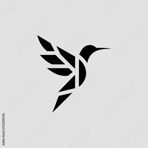 Hummingbird hovering, sharp triangular wings, geometric tail.