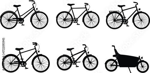 Silhouette of different bicycles, road bike, mountain bike, vintage cycle, cargo bike, transportation design, cycling illustration, black vector icons