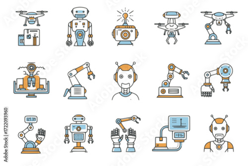 AI Robotics Outline Icon Set – Robotic Arm, Humanoid Robot, Drone, Delivery Robot, Robot Hand, Warehouse Automation – Vector Line Icons for Technology, Industry, and Innovation