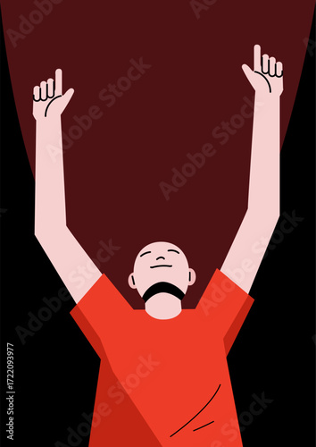 A person with her arms raised and hair up in celebration looks up in euphoria. Joy and happiness concept for a poster.