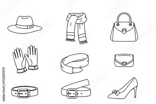 Fashion Accessory Outline Icon Set – Hat, Scarf, Handbag, Gloves, Belt, Shoes, Jewelry – Vector Line Icons for Custom Garments, Style, and Apparel Design