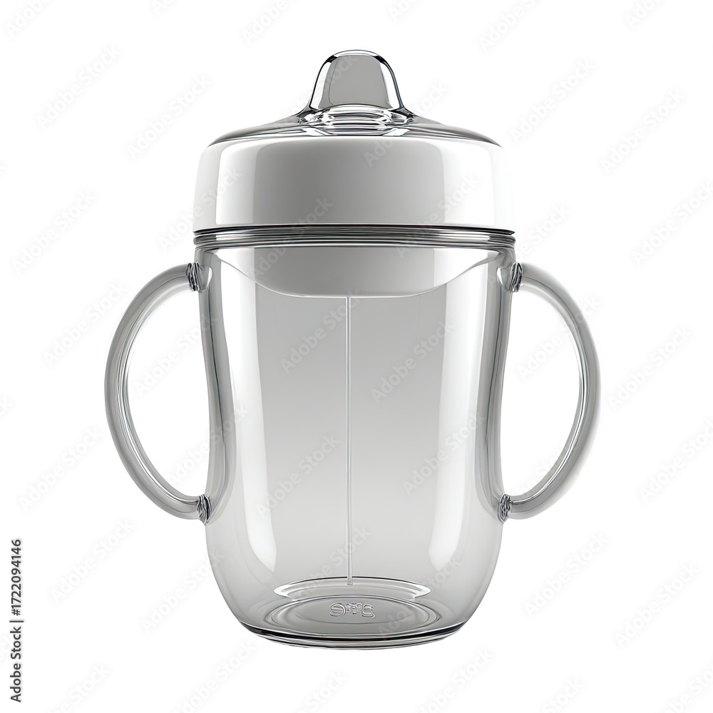 Fototapeta premium Toddler's clear plastic sippy cup with handles, studio shot, white background