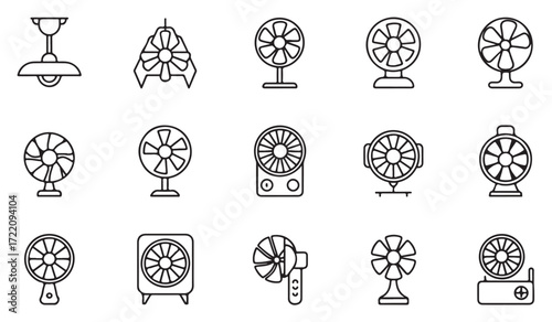 Household fan vector pack, simple line drawings of air circulation and temperature control appliances