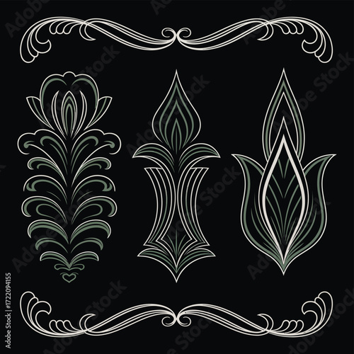 Hand-Drawn Green Pinstriping Vector Design for Motorcycles and Cars, Classic Automotive Ornament Ideal for Custom Vehicle Art, Retro Detailing, and Decorative Motif Elements
