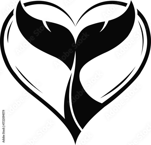Stylized whale or dolphin tail forming a heart shape, a black and white vector logo for ocean conservation or marine love