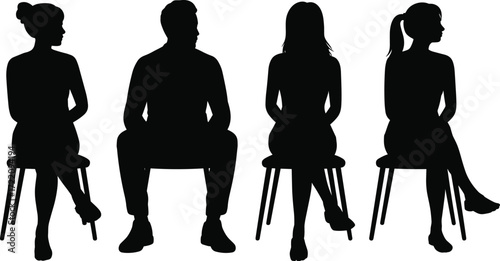 Seated people silhouettes, sitting posture, chair pose, male and female figures, black vector icons, ergonomic design, body language, social behavior